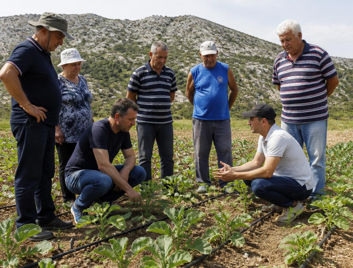 Agronomist leading a field workshop on drip irrigation with local growers